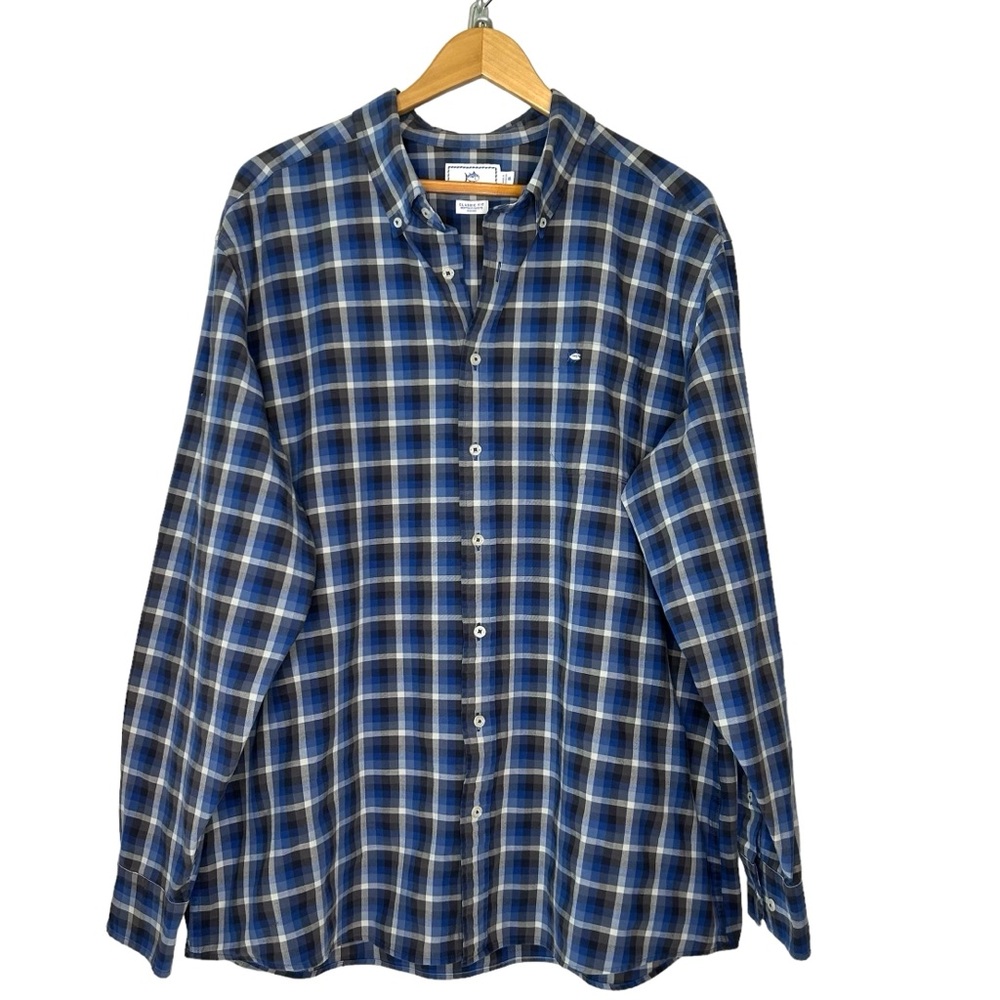 SOUTHERN TIDE Mens XXL Blue Gray Plaid Cotton Blend Classic Fit Button Up Shirt.